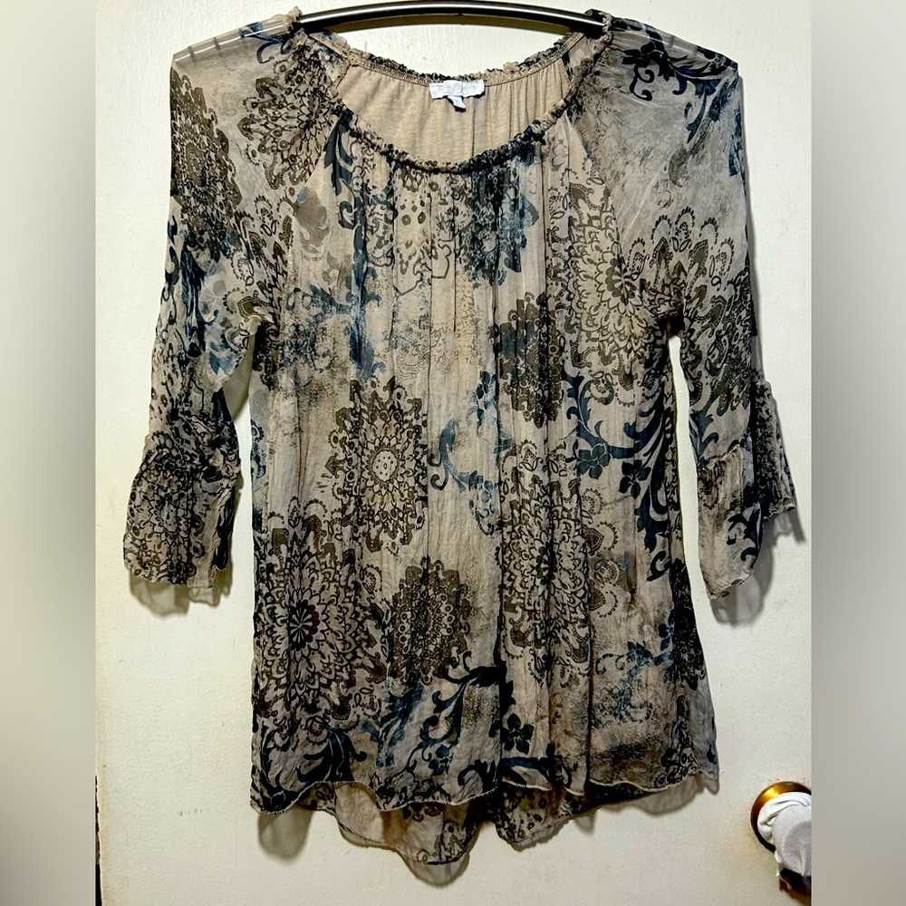 Dolce Ragazza 100% Silk Peasant Boho Blouse ¾ Bell Sleeves Made in Italy Size S